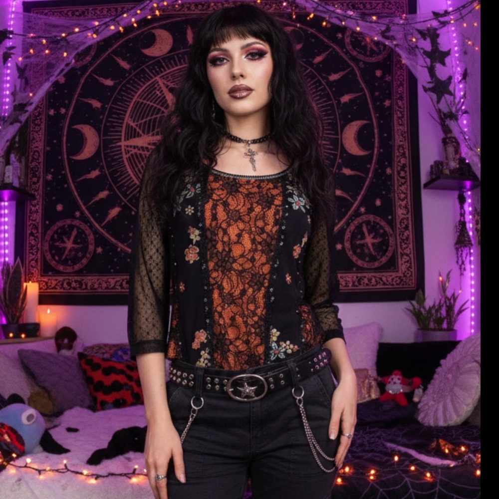 Vtg 90’s Y2K Whimsical top Witchy Edista Women Panel Black Floral pumpkin patch